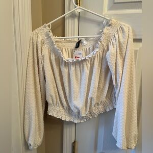 H&M Cream Textured Cropped Blouse with Smocked Hem